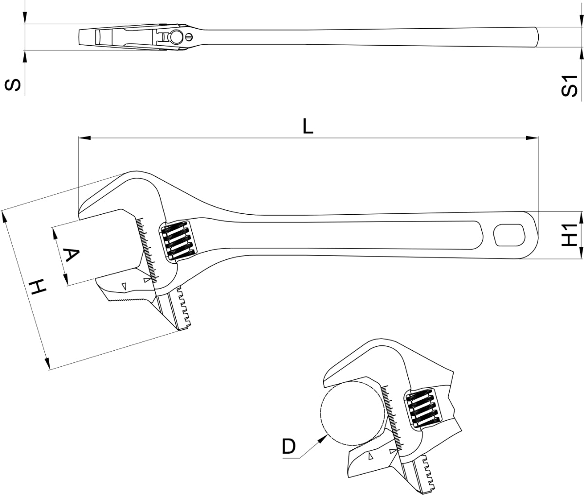 Chiave regolabile a rullino con ganascia reversibile cromata Beta 111ER - Disegno con misure