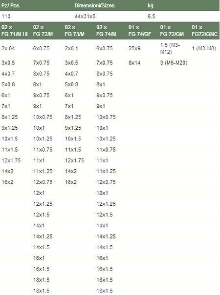 SET MASCHI E FILIERE IN ACCIAIO A CROMO E ACCESSORI -110PZ Fasano Tools FG 70/S110