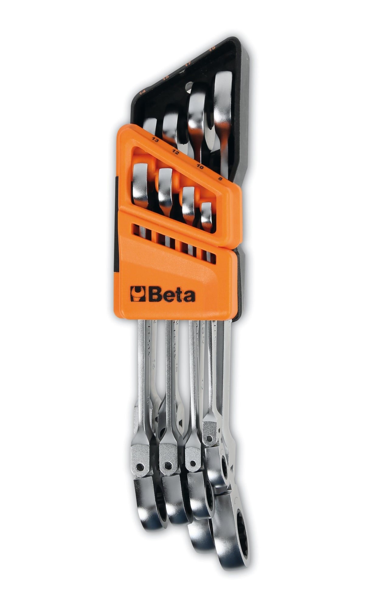 Serie di 8 chiavi combinate a cricchetto snodate (art. 142SN) con supporto compatto Beta 142SN/SC8