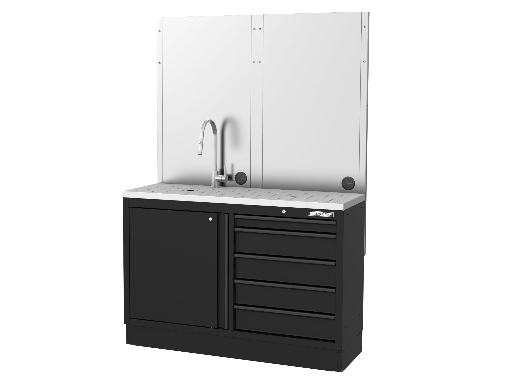 Mobile Officina Workshopitaly MPS multi funzione, lavello largo, piano di appoggio INOX con pannellatura