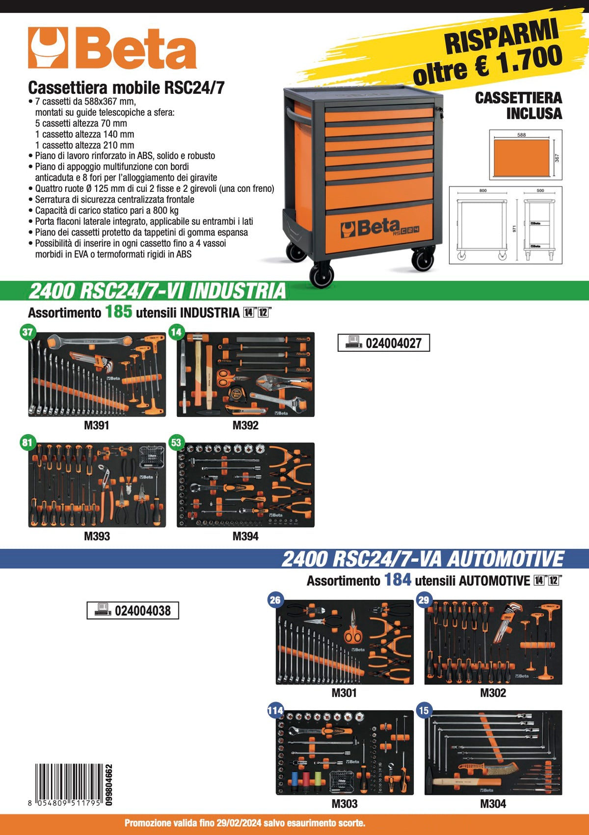 Promozione Carrello Beta RSC24 + allestimento industria o autoriparazione 2400 RSC24/7