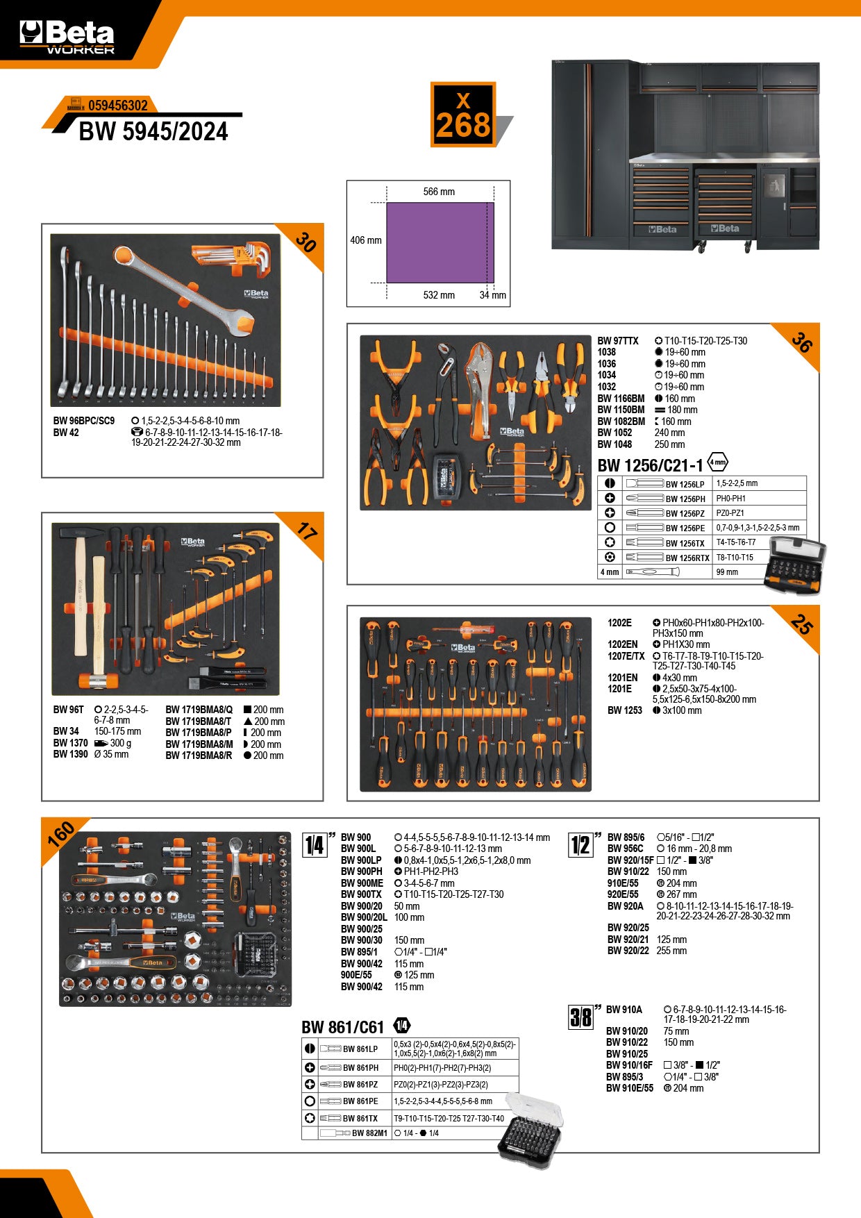 Arredo Officina Beta Utensili C45PRO 2.0 X/W piano inox o legno completo di set 268 utensili + SET 7 CHIAVI A SNODO IN OMAGGIO