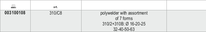 Polifusore con assortimento di 7 matrici Beta 310/C8 - Tabella misure