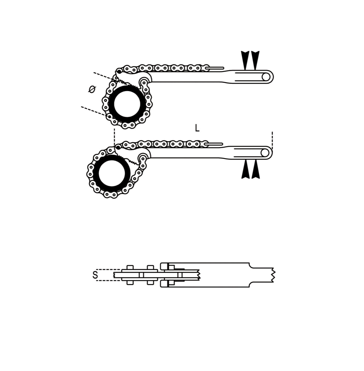 Giratubi reversibile a catena leva in acciaio forgiato Beta 384 - Disegno con misure