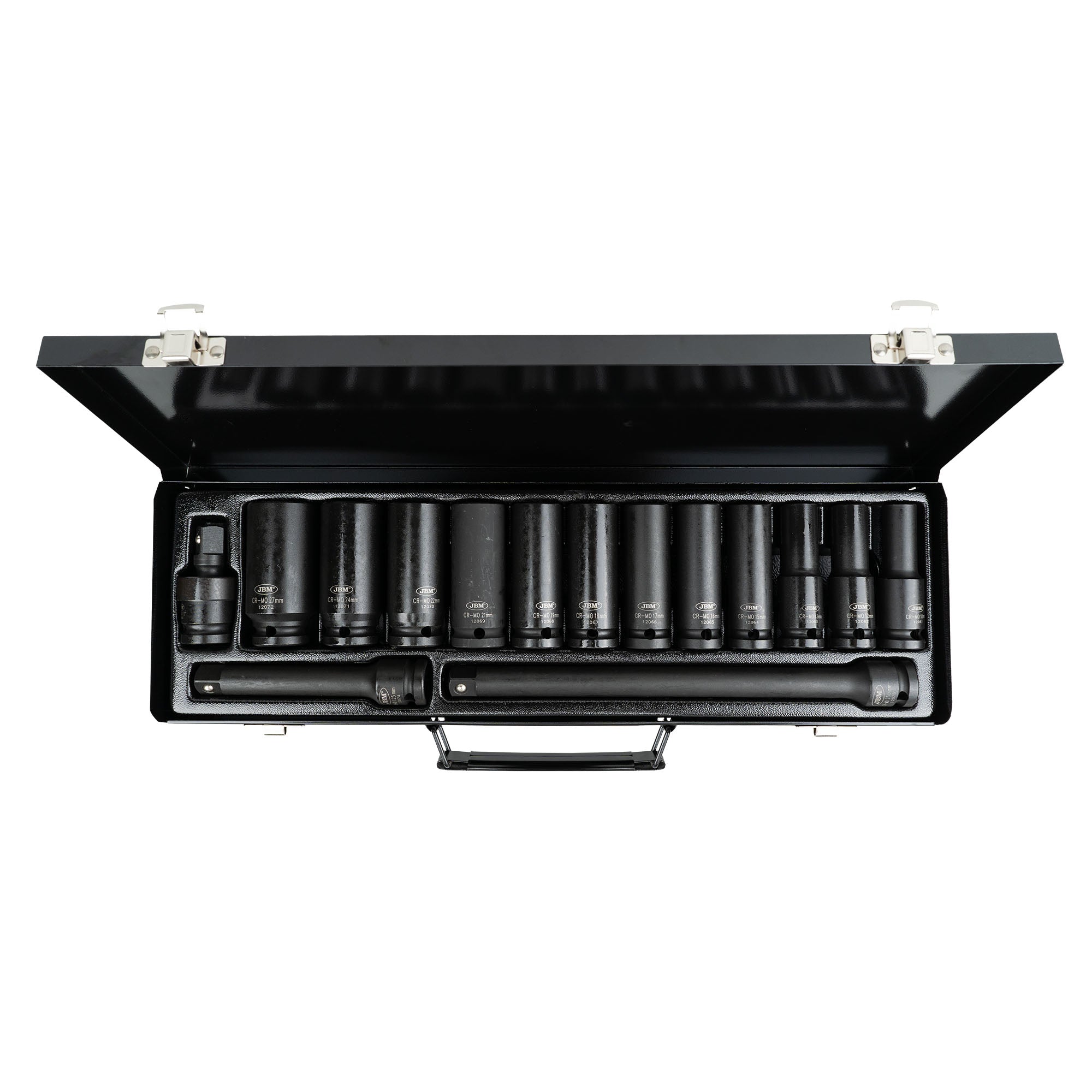 SET DI IMPATTI DA 15 PEZZI CON 12 BUSSOLE ESAGONALI LUNGHE DA 1/2" + ADATTATORI JBM 52346