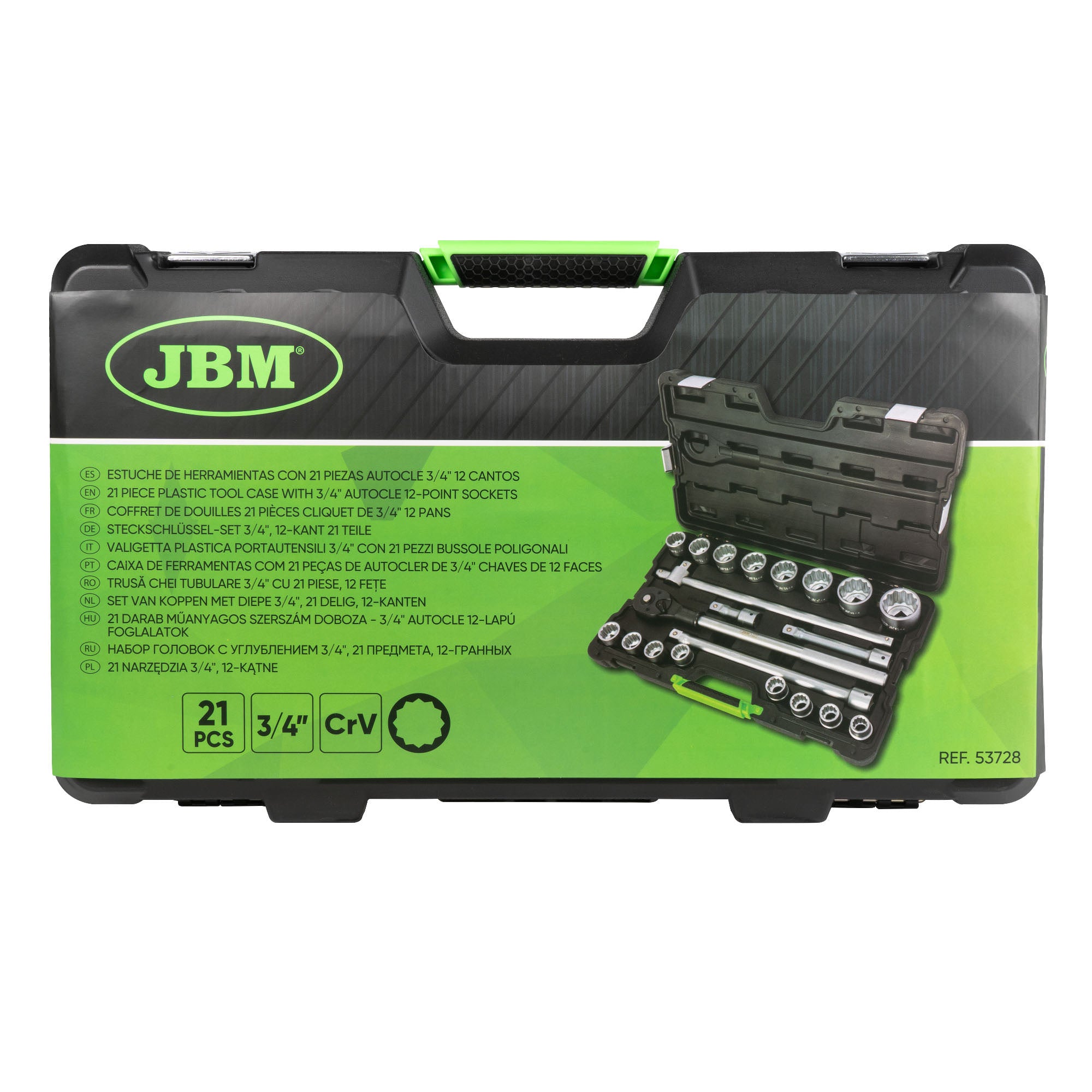 VALIGETTA DI UTENSILI CON 21 PEZZI DA 3/4" POLIGONALI SATINATI JBM 53728