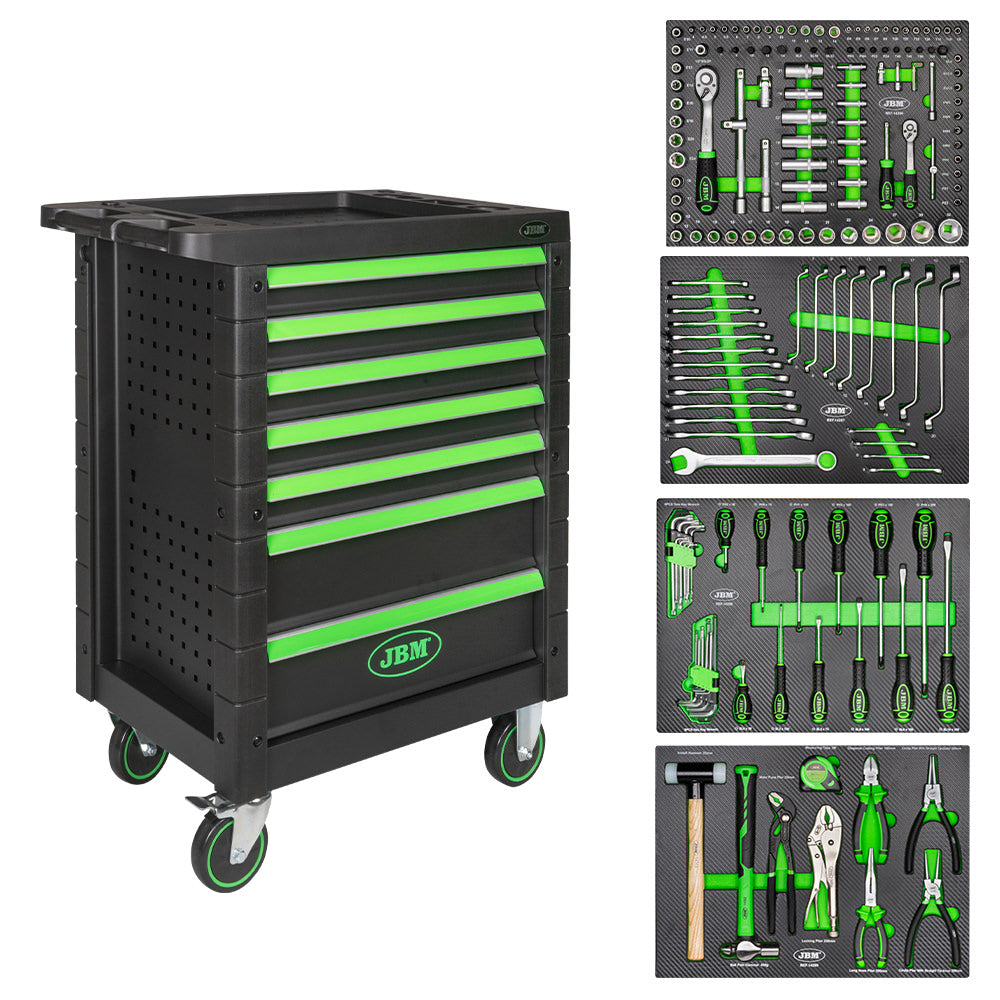 CARRELLO PORTAUTENSILI 53904 + CRIC 3,5T 50818 + LETTINO DA OFFICINA 52148 + CAVALLETTI 3T 53779 JBM SERIE615