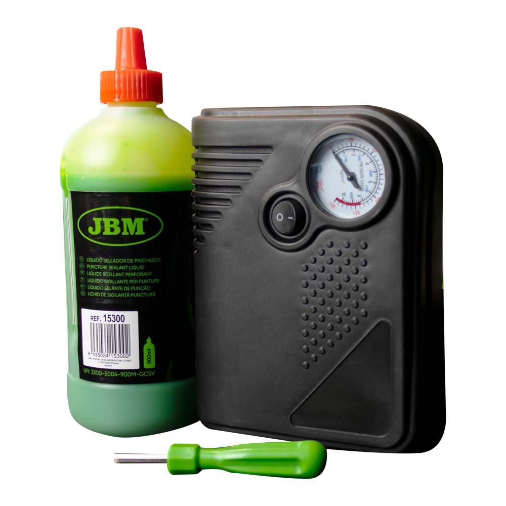 KIT DI RIPARAZIONE PNEUMATICI - LIQUIDO SIGILLANTE E COMPRESSORE D'ARIA 54013 JBM