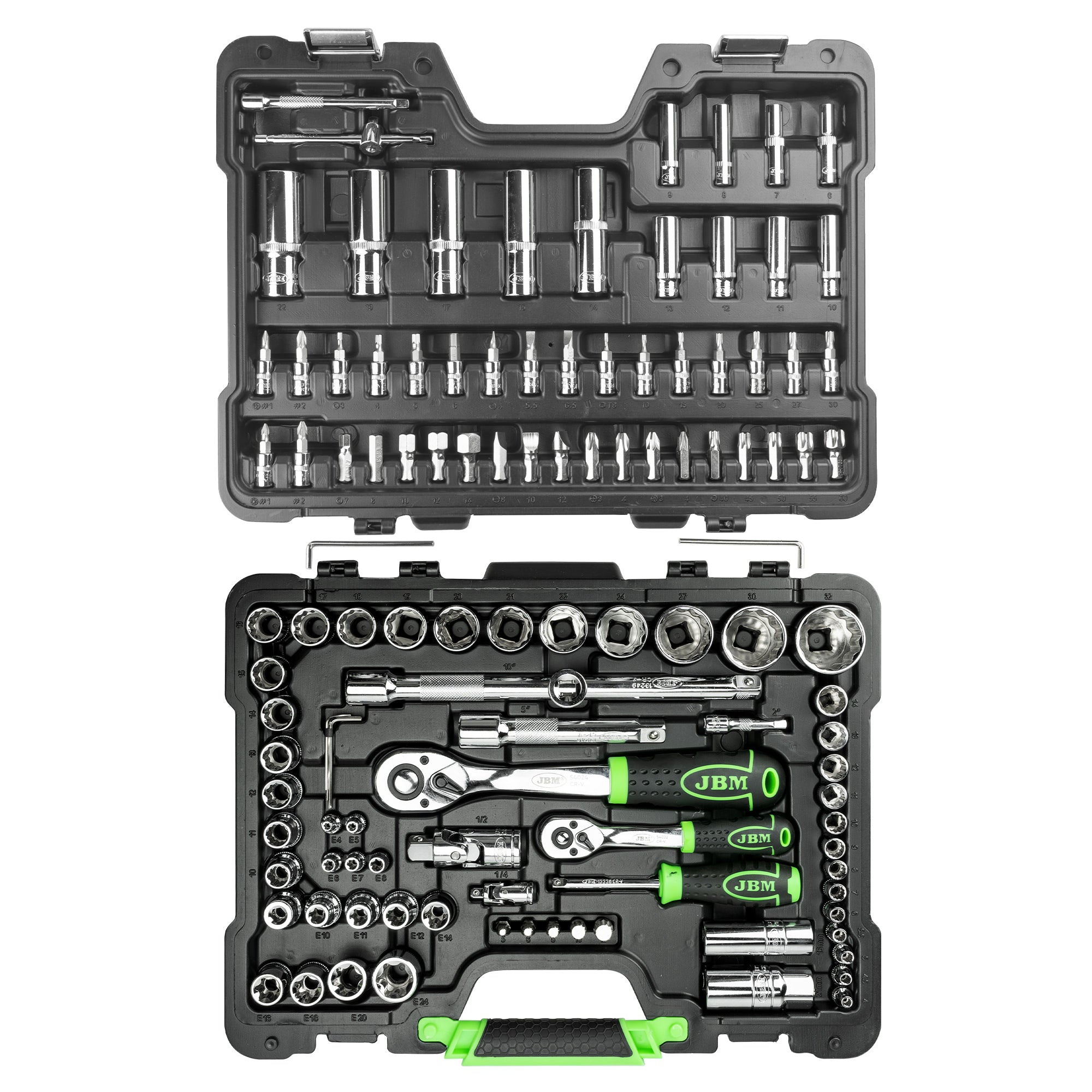 VALIGETTA DI UTENSILI DA 113 PEZZI CON BUSSOLE POLIGONALI CROMATE JBM 54047