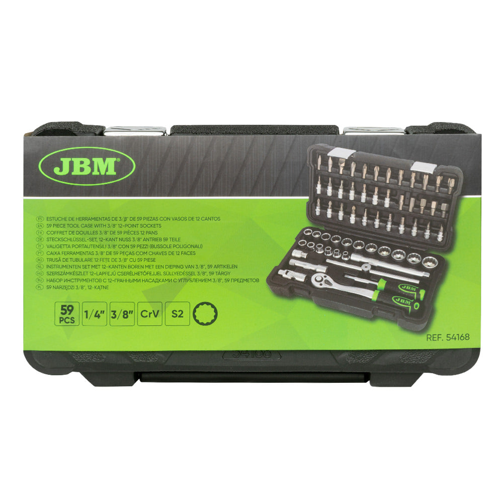 VALIGETTA DA 59 PEZZI DA 3/8" CON BUSSOLE POLIGONALI SATINATE JBM 54168