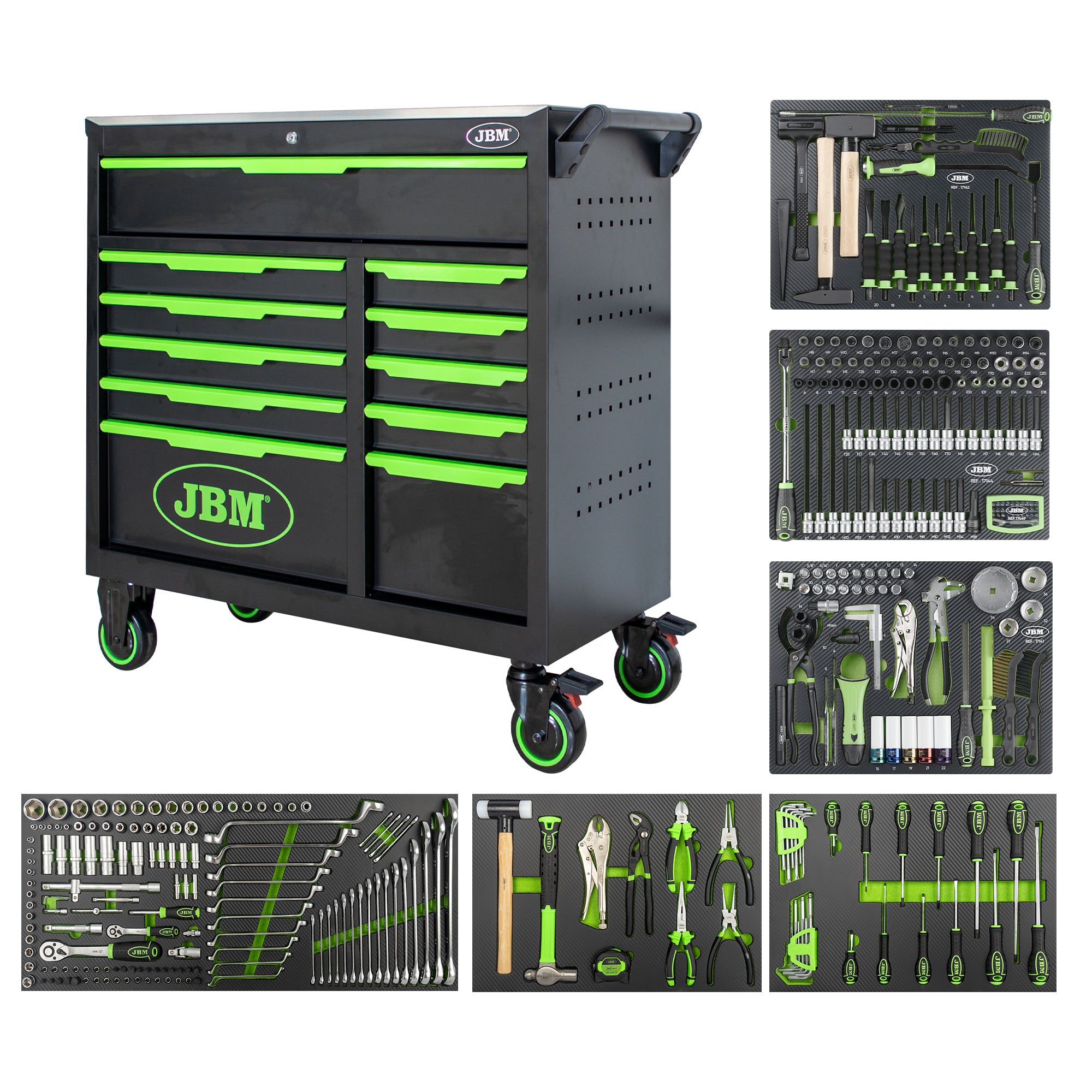 CARRELLO CON 11 CASSETTI VERDE - CON UTENSILI 332 PEZZI 54725 JBM