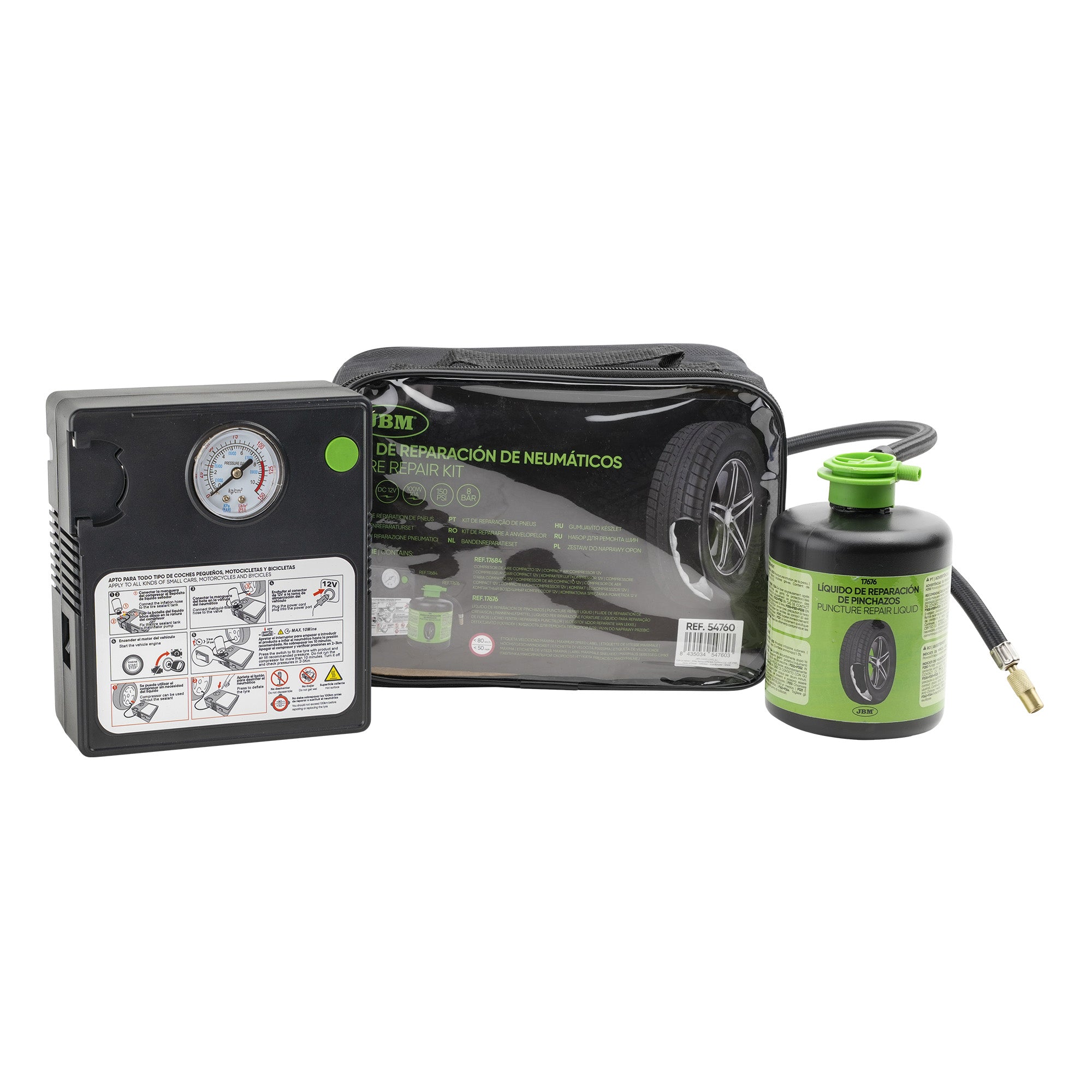 KIT DI RIPARAZIONE PNEUMATICI - LIQUIDO SIGILLANTE E COMPRESSORE D'ARIA 54760 JBM