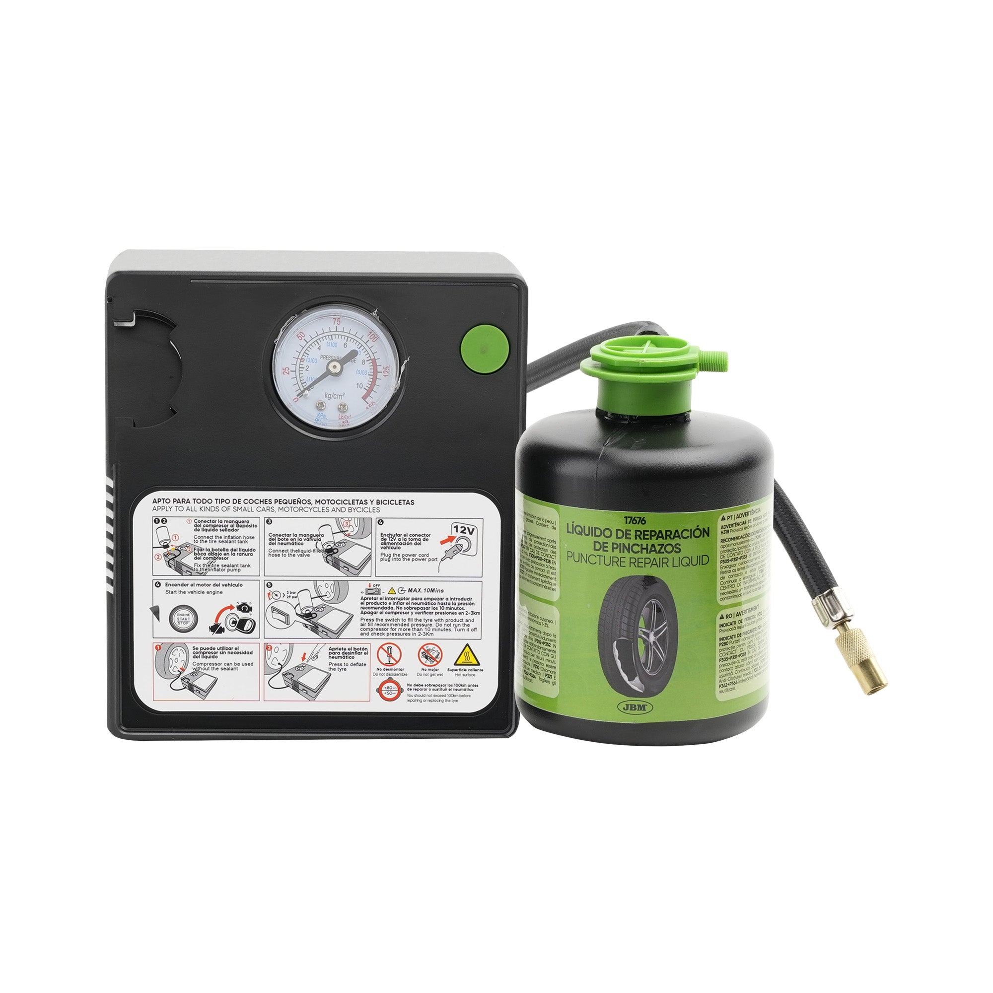 KIT DI RIPARAZIONE PNEUMATICI - LIQUIDO SIGILLANTE E COMPRESSORE D'ARIA 54760 JBM