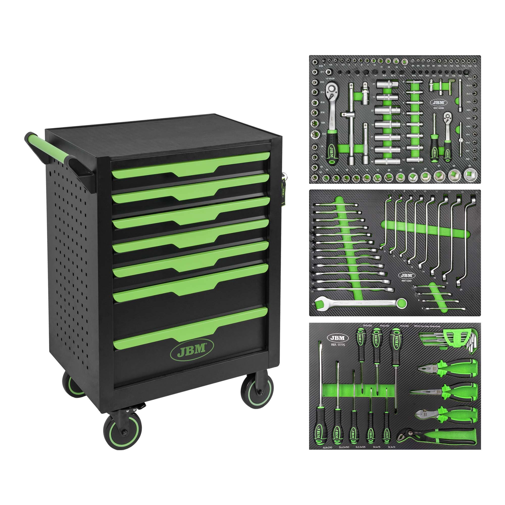 CARRELLO CON 7 CASSETTI VERDE CON 154 UTENSILI JBM 54834