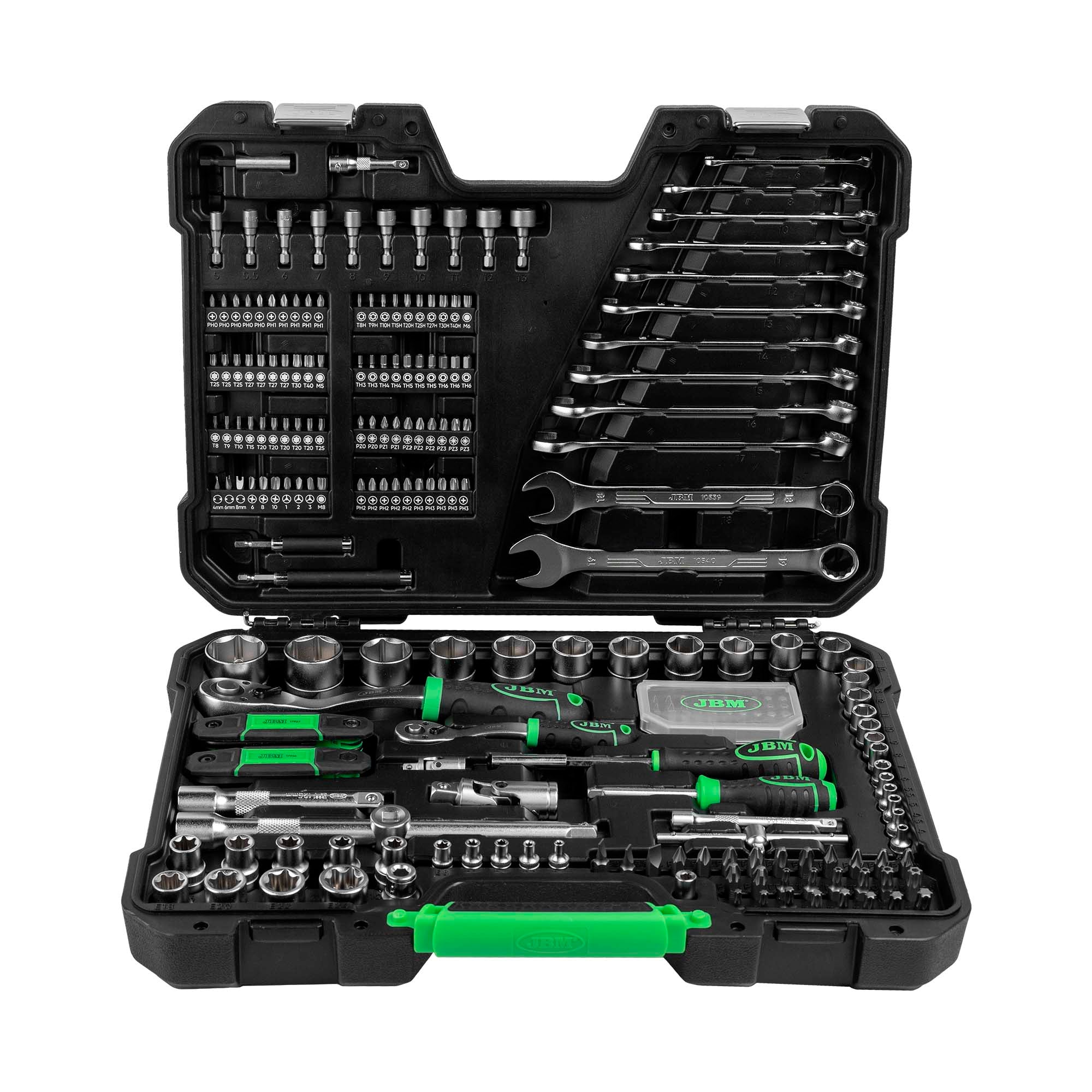 VALIGETTA DI UTENSILI DA 232 PEZZI CON BUSSOLE ESAGONALI SATINATE JBM 54854