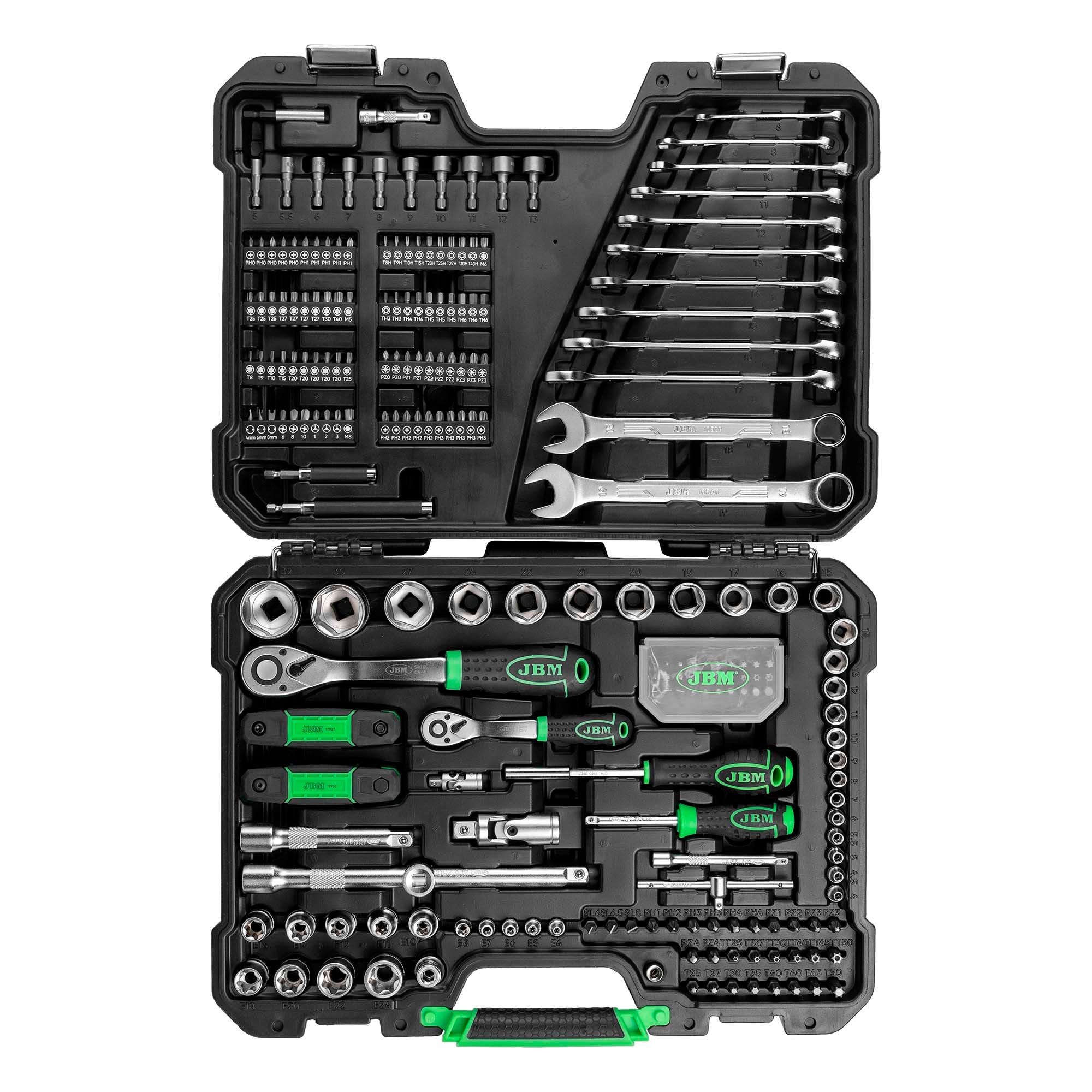 VALIGETTA DI UTENSILI DA 232 PEZZI CON BUSSOLE ESAGONALI SATINATE JBM 54854