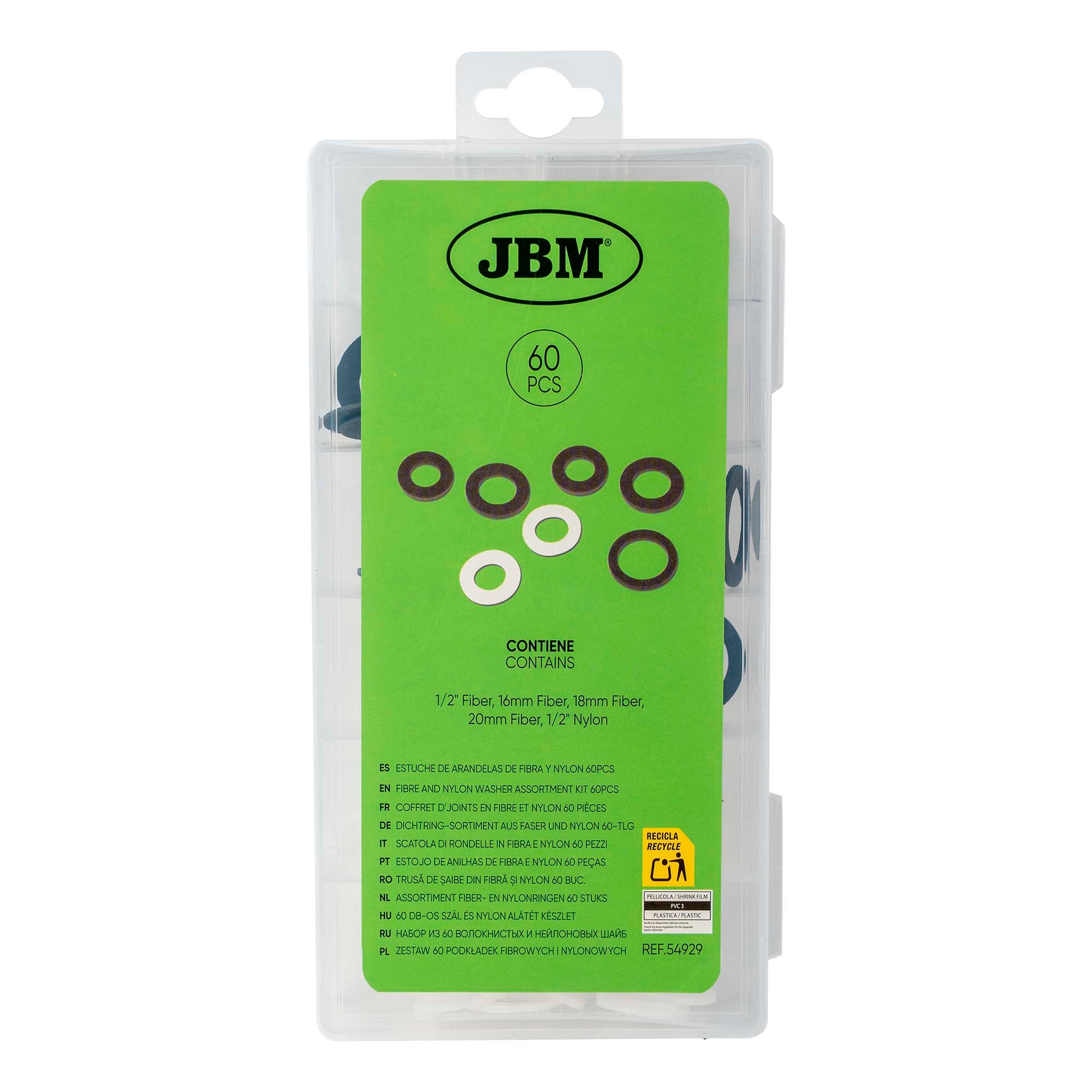SCATOLA DI RONDELLE IN FIBRA E NYLON 60 PEZZI 54929 JBM