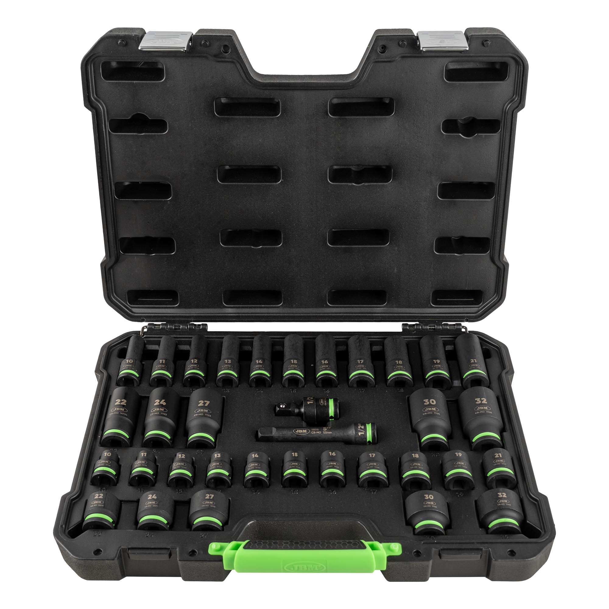SET DI 34 PEZZI CON 16 BUSSOLE LUNGHE ESAGONALI DA 1/2" + ADATTATORI 55016 JBM