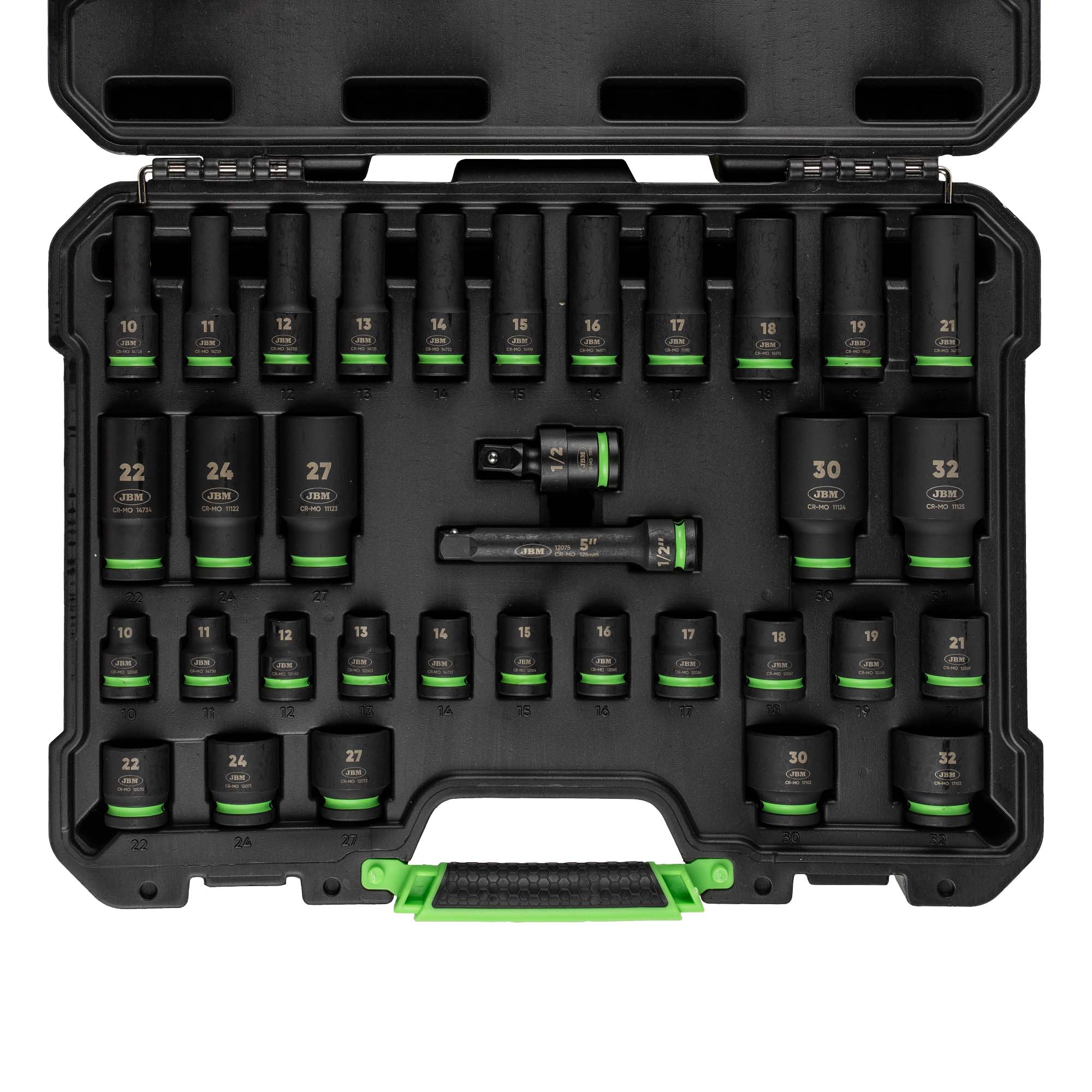 SET DI 34 PEZZI CON 16 BUSSOLE LUNGHE ESAGONALI DA 1/2" + ADATTATORI 55016 JBM