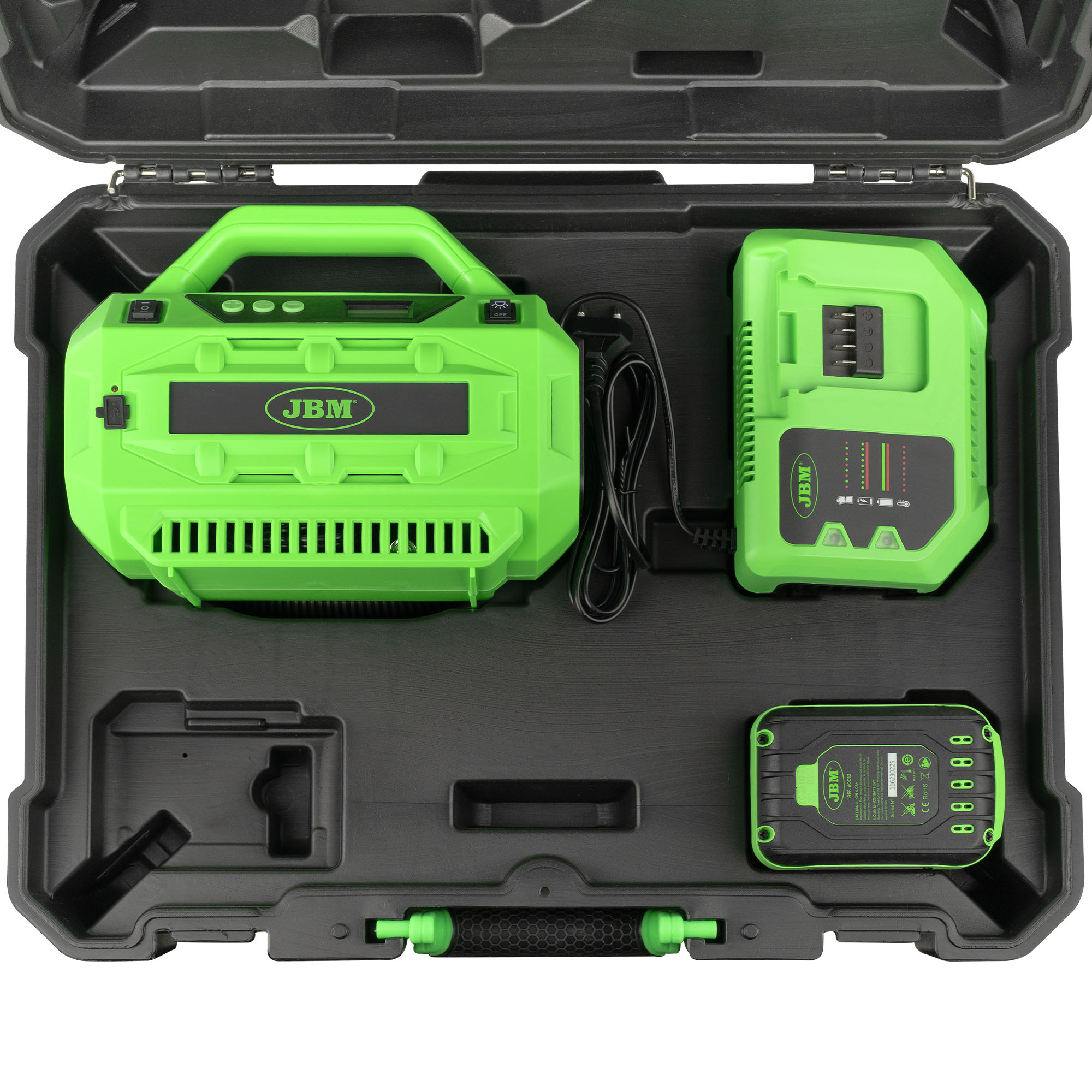 COMPRESSORE D'ARIA ELETTRICO CON CUSTODIA 60003C + 60001 ASPIRAPOLVERE PORTATILE + 60035 + 52618 JBM SERIE600