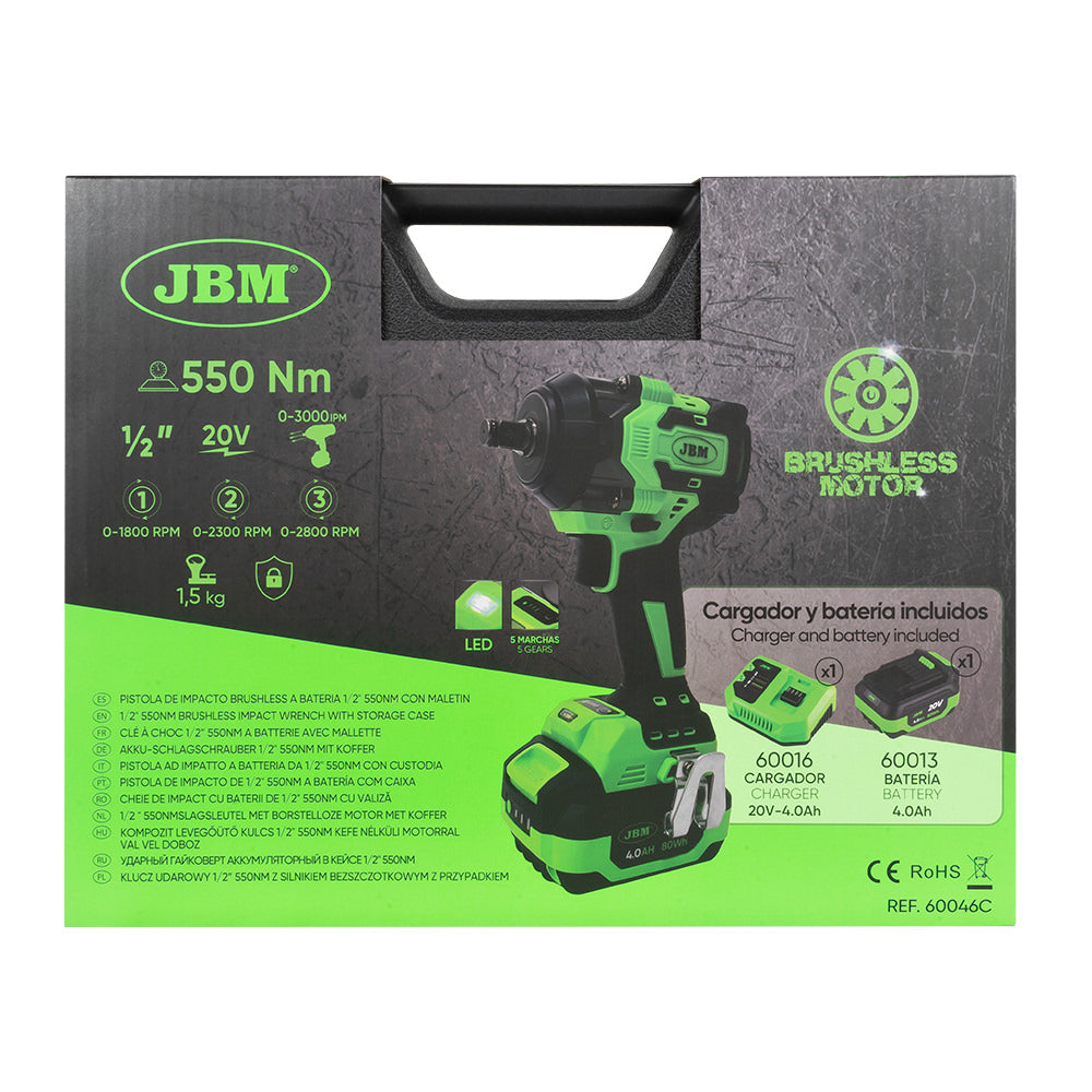 AVVITATORE PNEUMATICO BRUSHLESS A BATTERIA 1/2" 800NM CON VALIGETTA 60046C JBM