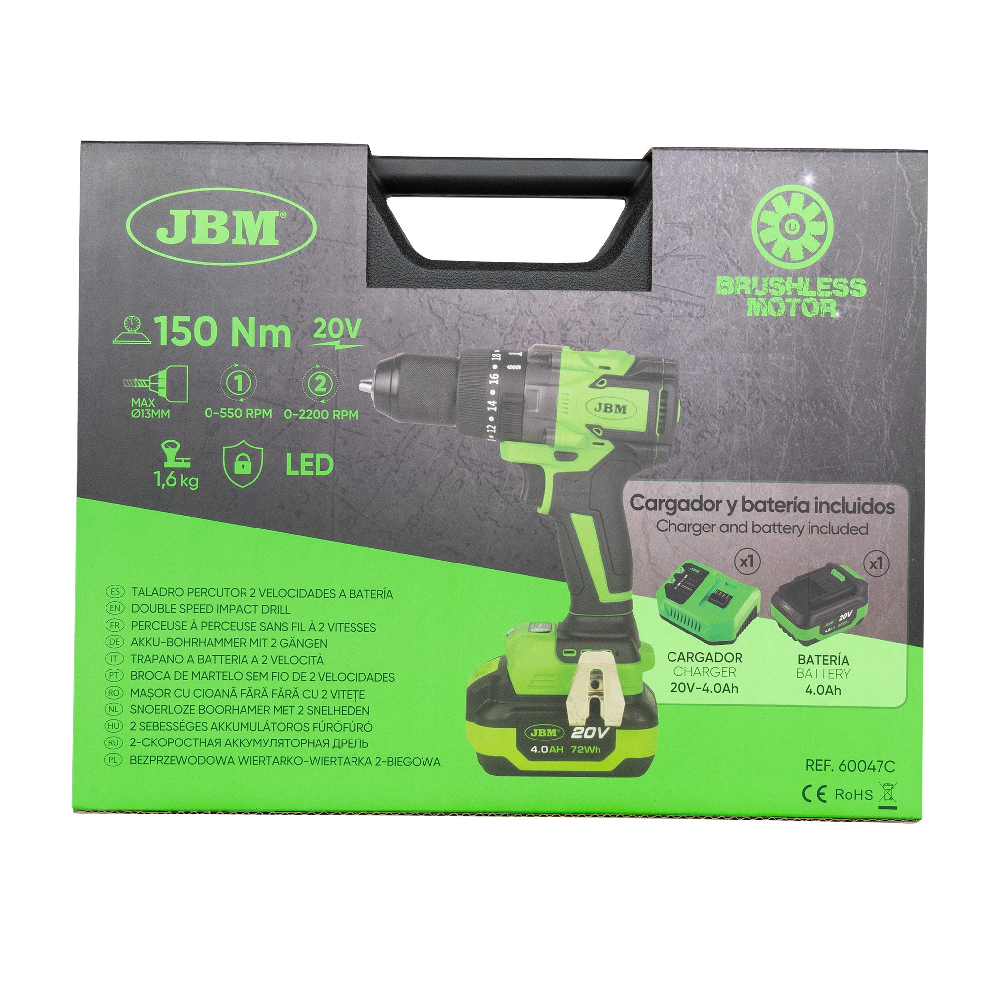 TRAPANO A 2 VELOCITÀ BRUSHLESS A BATTERIA CON CUSTODIA 60047C JBM