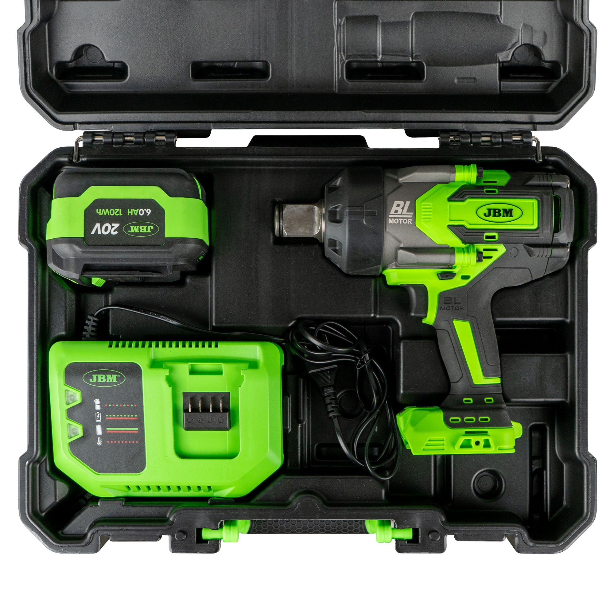 PISTOLA A IMPATTO BRUSHLESS A BATTERIA DA 1" 2300NM CON VALIGETTA 60050C + SET DA 8 BUSSOLE 52348 JBM SERIE 550