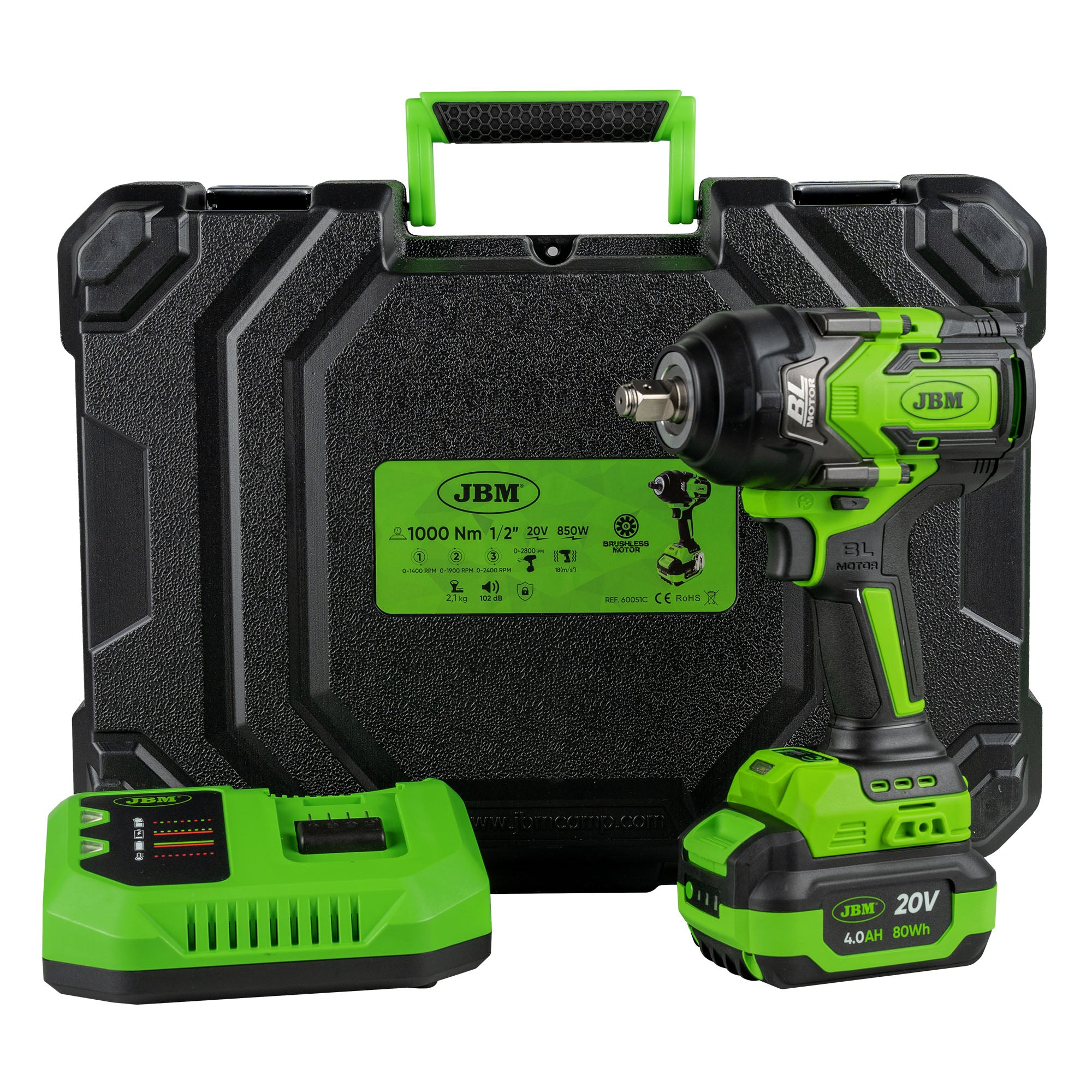 PISTOLA A IMPATTO BRUSHLESS A BATTERIA DA 1/2" 1000NM CON VALIGETTA 60051C + SET DA 12 BUSSOLE 52343 JBM SERIE 551