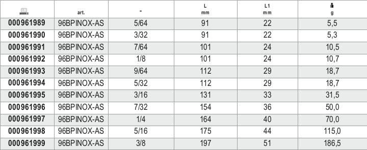 Chiavi maschio esagonale piegate con estremità sferica, in acciaio inossidabile Beta 96BPINOX-AS