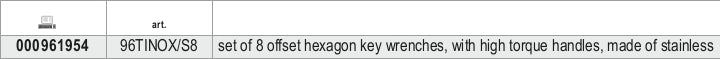 Serie di 8 chiavi maschio esagonale piegate con impugnatura di manovra in acciaio inossidabile Beta 96TINOX/S8