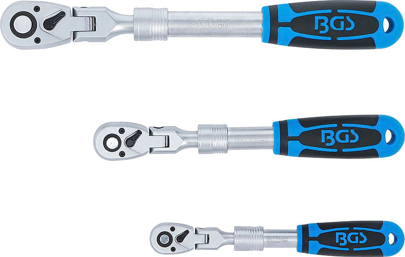 SET 3 PEZZI, CRICCHETTI REVERSIBILI ESTENSIBILI, SNODATI, ATTACCO 1/4” - 3/8” - 1/2” BGS25128