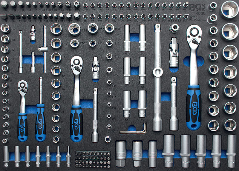 MODULO PER CARRELLO: CHIAVI A CRICCHETTO E BUSSOLE ESAGONALI, 132 PEZZI BGS4036