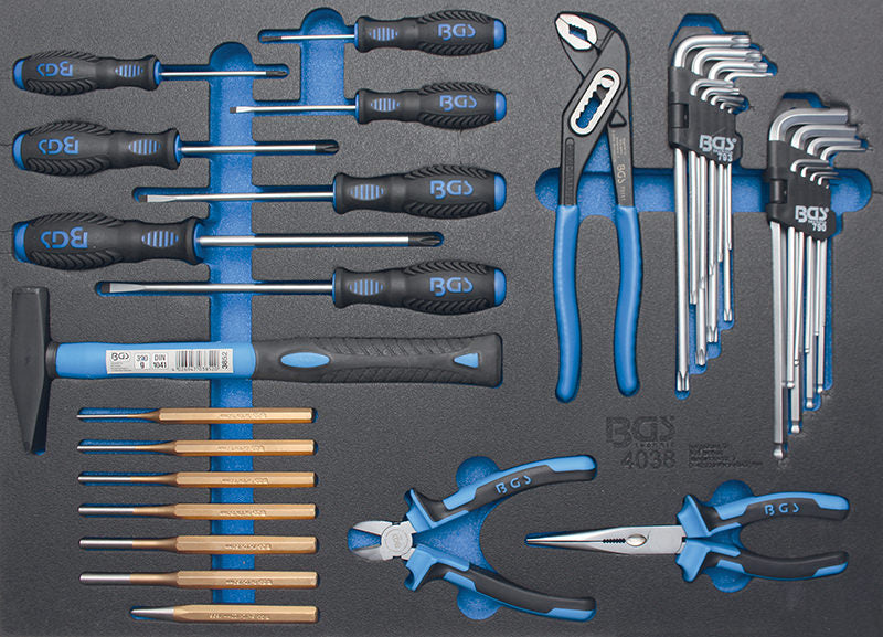 MODULO PER CARRELLO: SET 36 PEZZI, PINZE, MARTELLO, CACCIAVITI, ECC. BGS4038