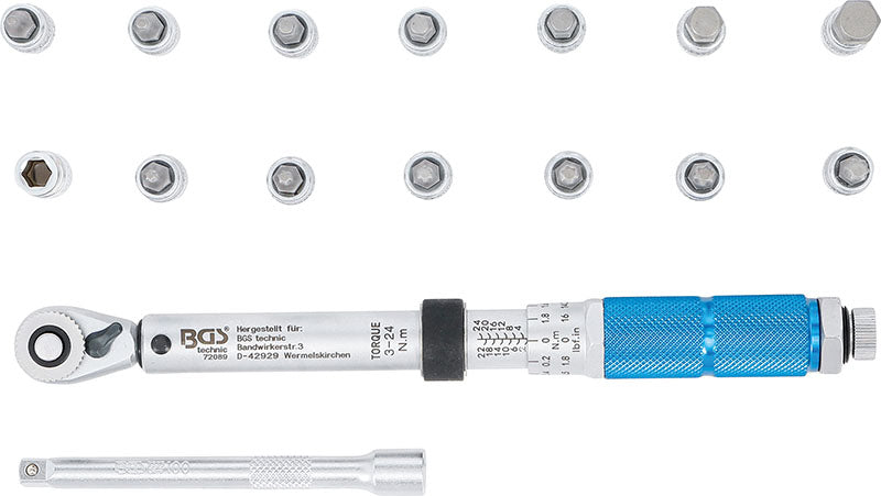SET 16 PEZZI, CHIAVE DINAMOMETRICA ATT. 1/4”, 3 - 24 NM E ACCESSORI BGS72088