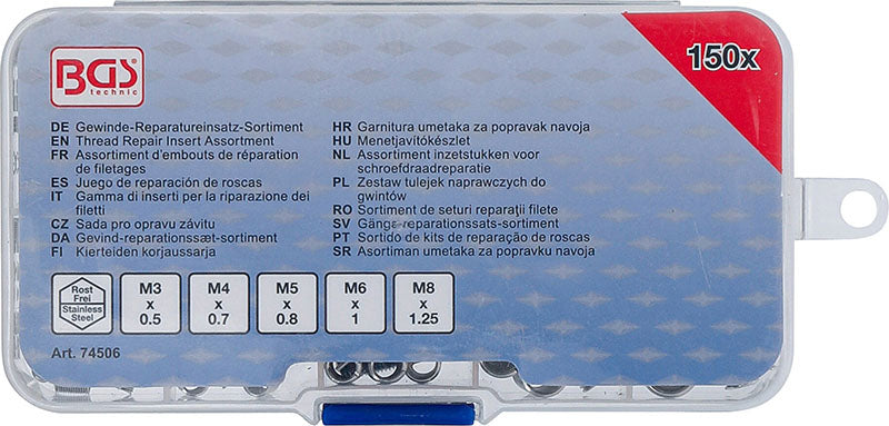 ASSORTIMENTO 150 PEZZI, FILETTI RIPORTATI ELICOIDI, PER LA RIPARAZIONE DI FILETTATURE, IN ACCIAIO INOX BGS74506