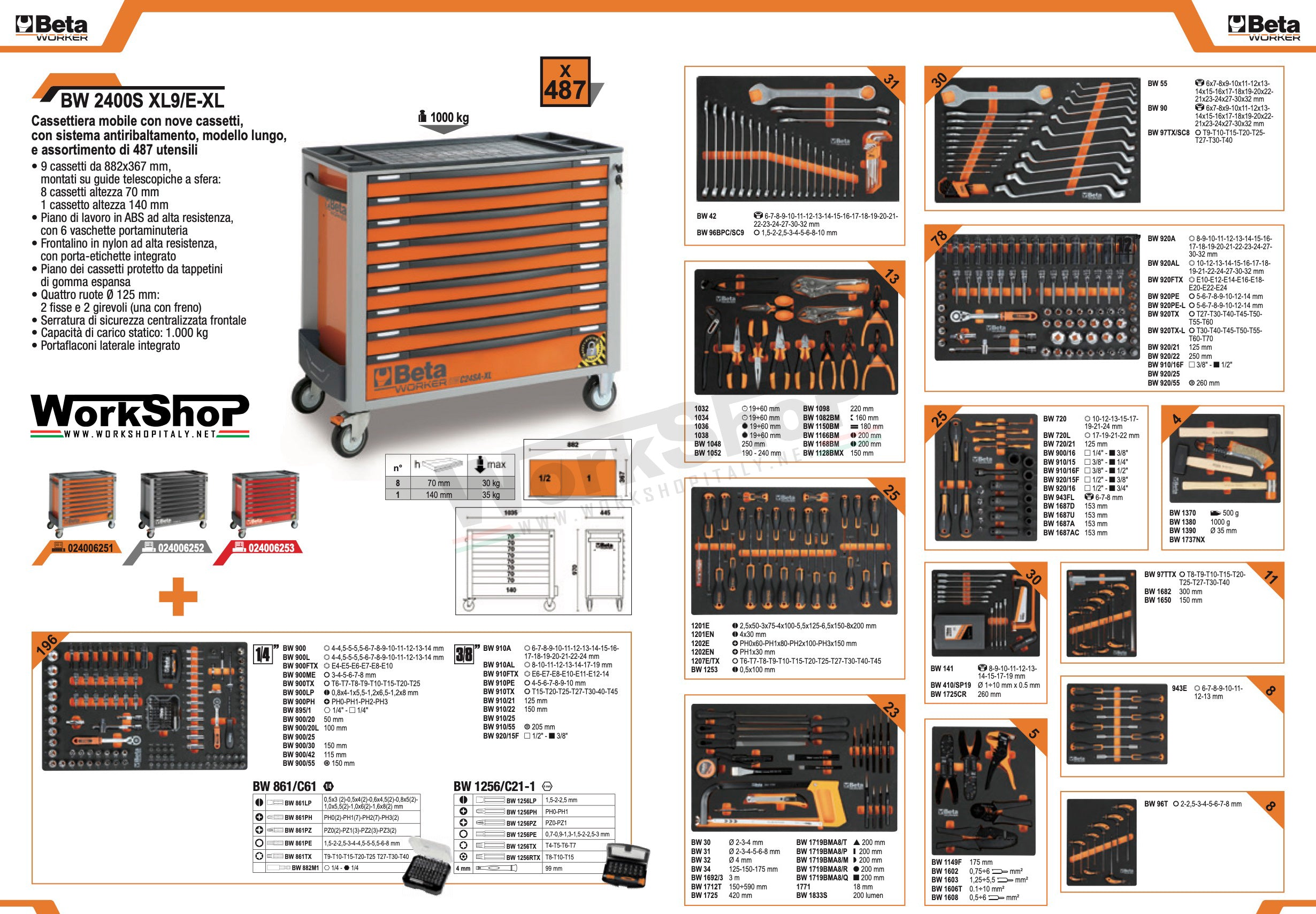 Cassettiera mobile con nove cassetti, con sistema antiribaltamento, modello lungo, e assortimento di 487 utensili Beta BW 2400S XL9/E-XL