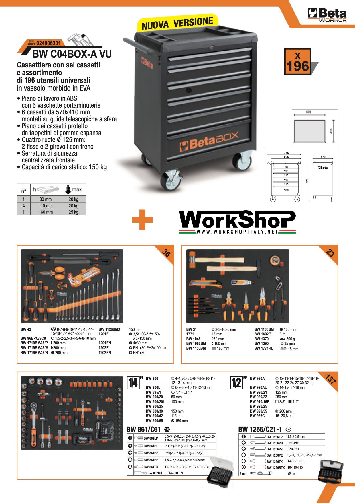 Cassettiera 6 cassetti 196 utensili UNIVERSALI Beta BW C04BOX-A VU
