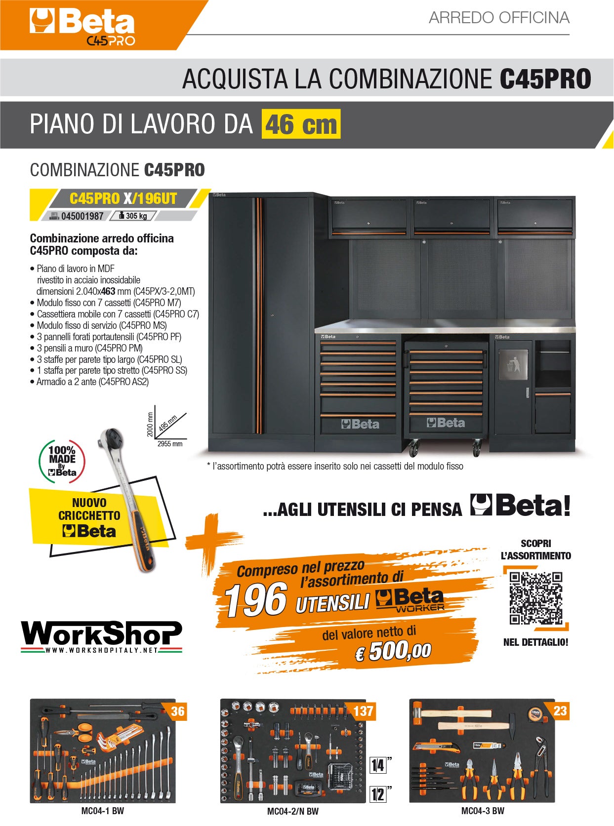 Arredo Officina Beta Utensili C45PRO X piano inox completo di set 196 utensili + SET 7 CHIAVI A SNODO IN OMAGGIO