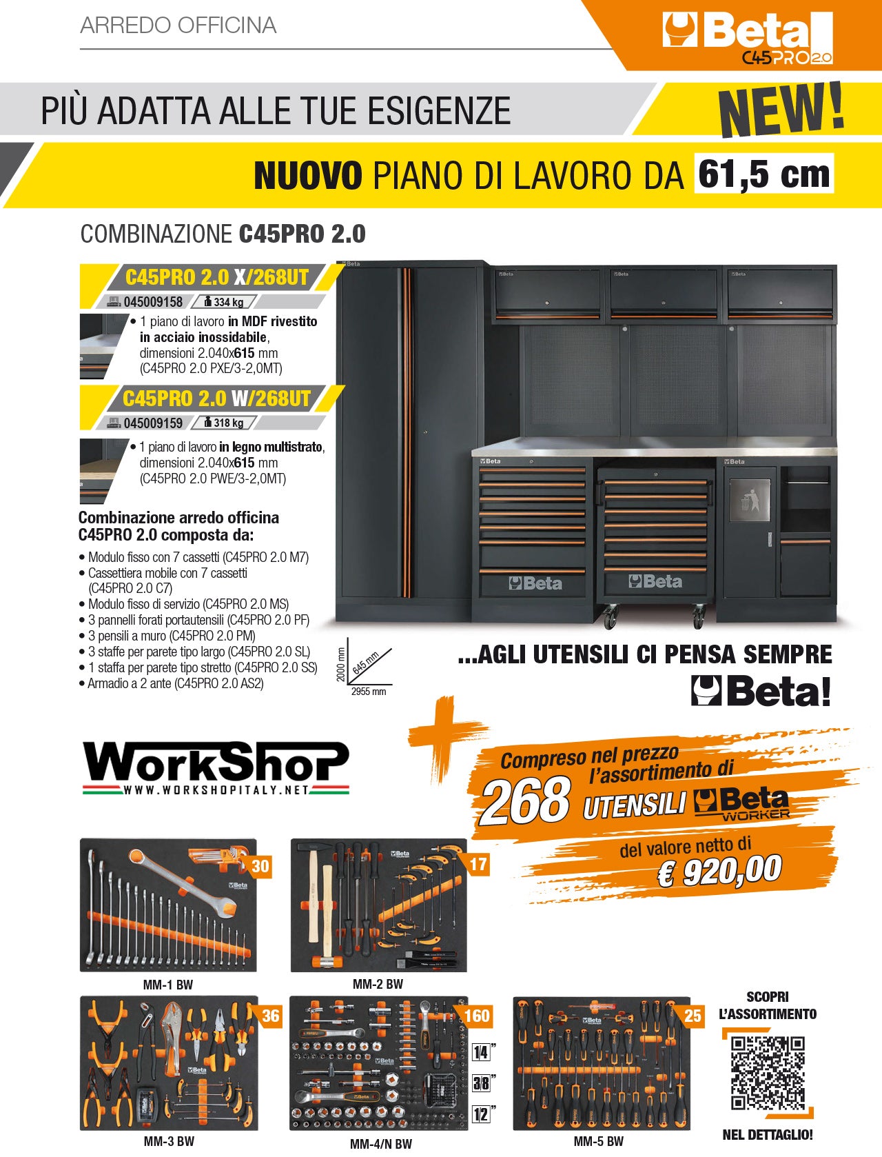 Arredo Officina Beta Utensili C45PRO 2.0 X/W piano inox o legno completo di set 268 utensili + SET 7 CHIAVI A SNODO IN OMAGGIO