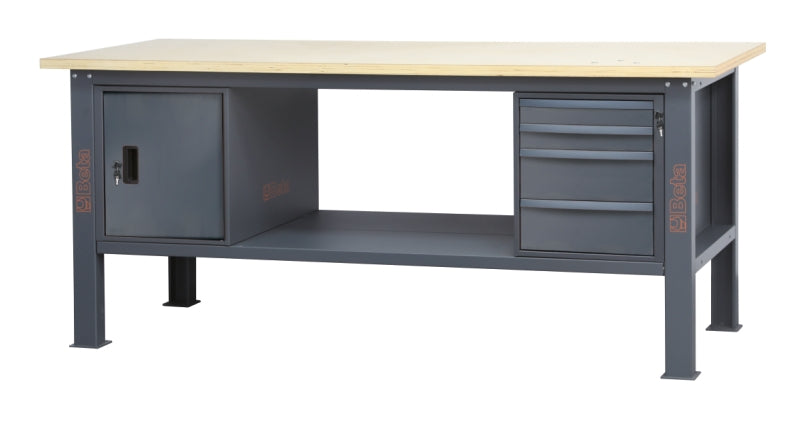 Banco da lavoro 2,1 m con piano in legno, 4 cassetti e modulo anta Beta C58BC-W2,1 4CA