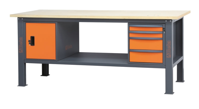 Banco da lavoro 2,1 m con piano in legno, 4 cassetti e modulo anta Beta C58BC-W2,1 4CA