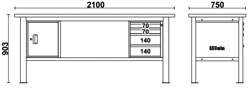 Banco da lavoro 2,1 m con piano in legno, 4 cassetti e modulo anta Beta C58BC-W2,1 4CA