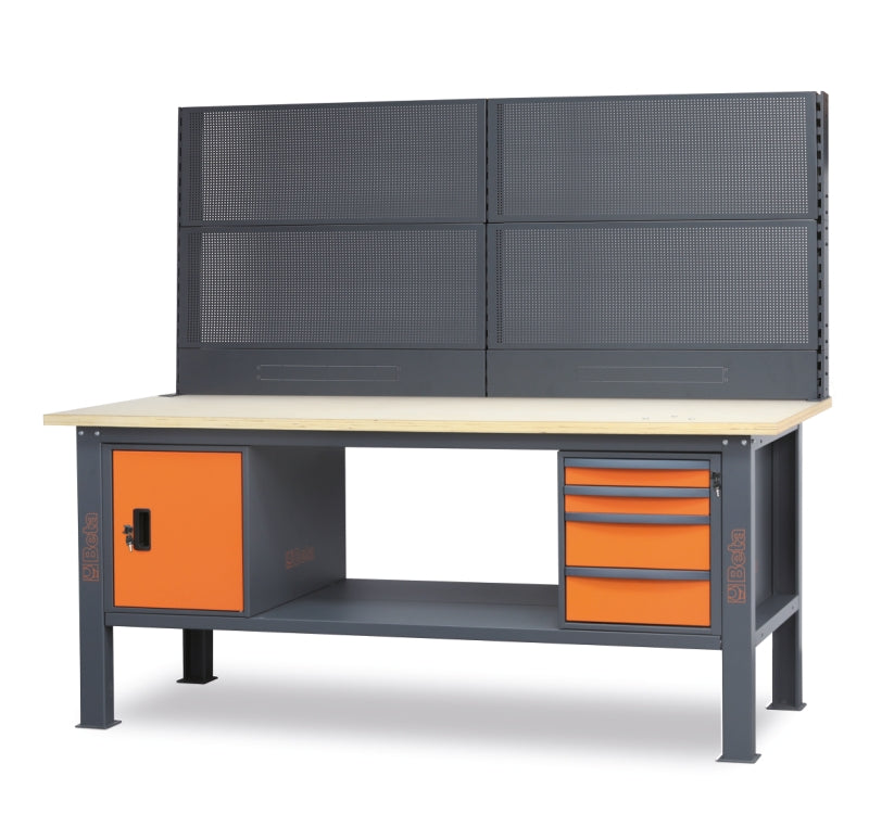 Banco da lavoro 2,1 m con piano in legno, 4 cassetti e modulo anta Beta C58BC-W2,1 4CA/O+SVR