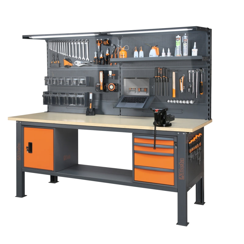 Banco da lavoro 2,1 m con piano in legno, 4 cassetti e modulo anta Beta C58BC-W2,1 4CA/O+SVR