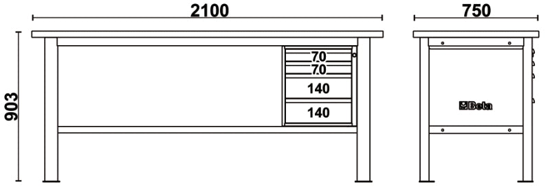 Banco da lavoro 2,1 m con piano in legno e 4 cassetti Beta C58BC-W2,1 4C