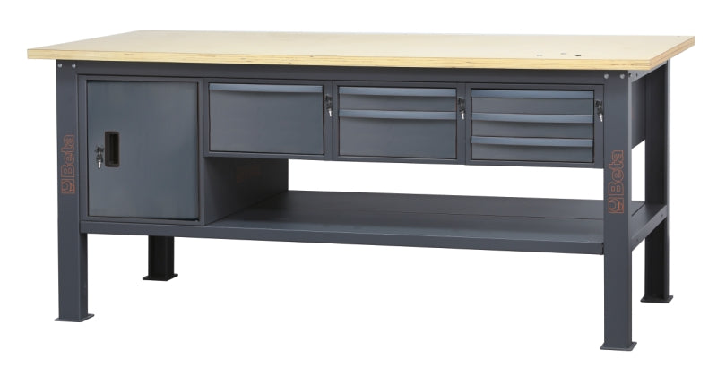 Banco da lavoro 2,1 m con piano in legno, 6 cassetti e modulo anta Beta C58BC-W2,1 6CA