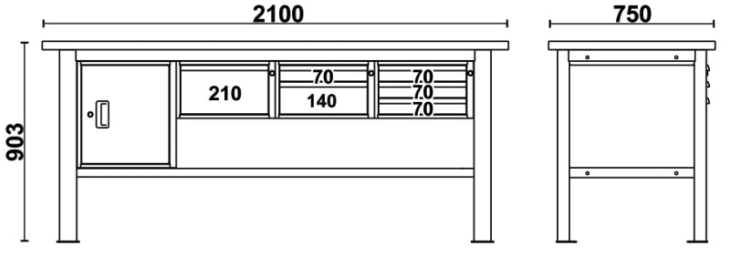 Banco da lavoro 2,1 m con piano in legno, 6 cassetti e modulo anta Beta C58BC-W2,1 6CA