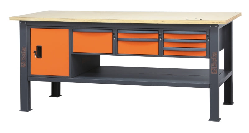 Banco da lavoro 2,1 m con piano in legno, 6 cassetti e modulo anta Beta C58BC-W2,1 6CA
