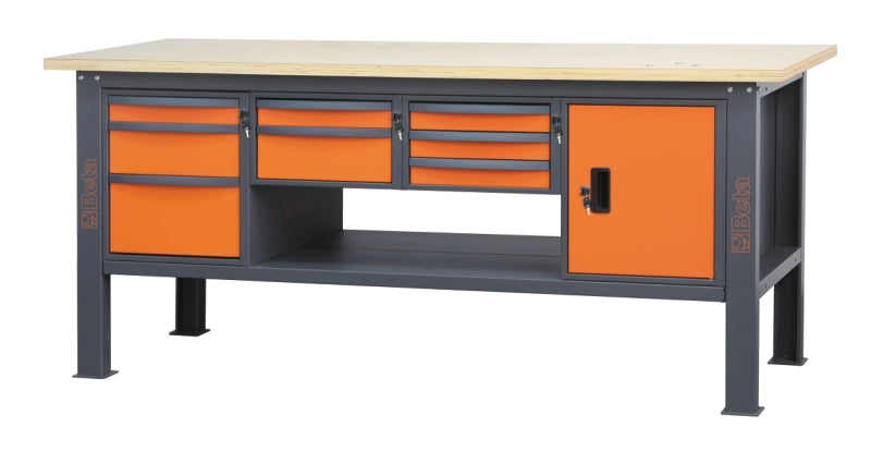 Banco da lavoro 2,1 m con piano in legno, 8 cassetti e modulo anta Beta C58BC-W2,1 8CA