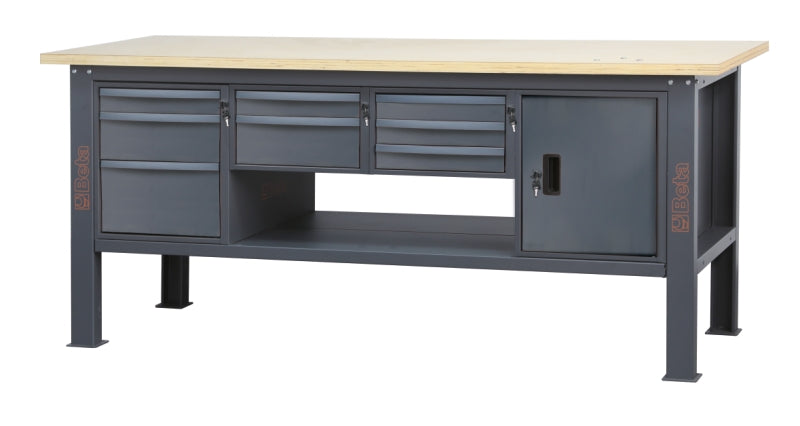 Banco da lavoro 2,1 m con piano in legno, 8 cassetti e modulo anta Beta C58BC-W2,1 8CA